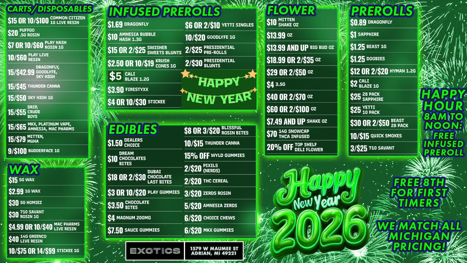 Exotics Cannabis - Adrian - NOW OPEN! NEW YEAR, NEW DEALS!