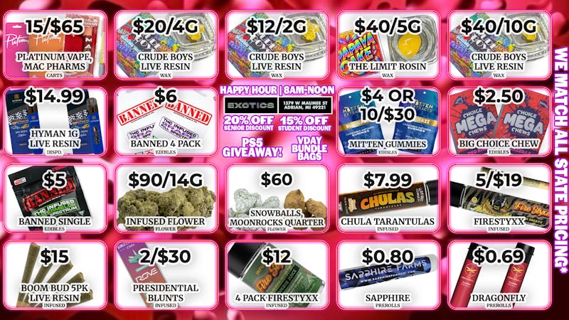 Exotics Cannabis - Adrian - NOW OPEN! 🔥EXOTICS EXCLUSIVE DEAL HIGHLIGHTS🔥