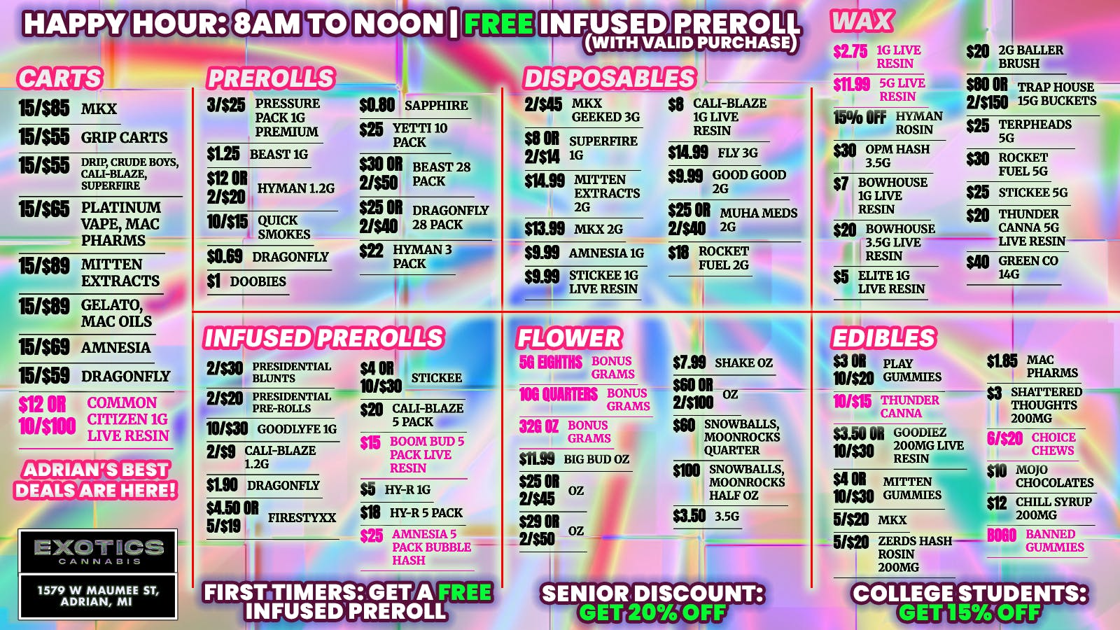 Exotics Cannabis - Adrian - NOW OPEN! Michigan’s Best Daily Deals 🌿 $11.99 OZ & MORE