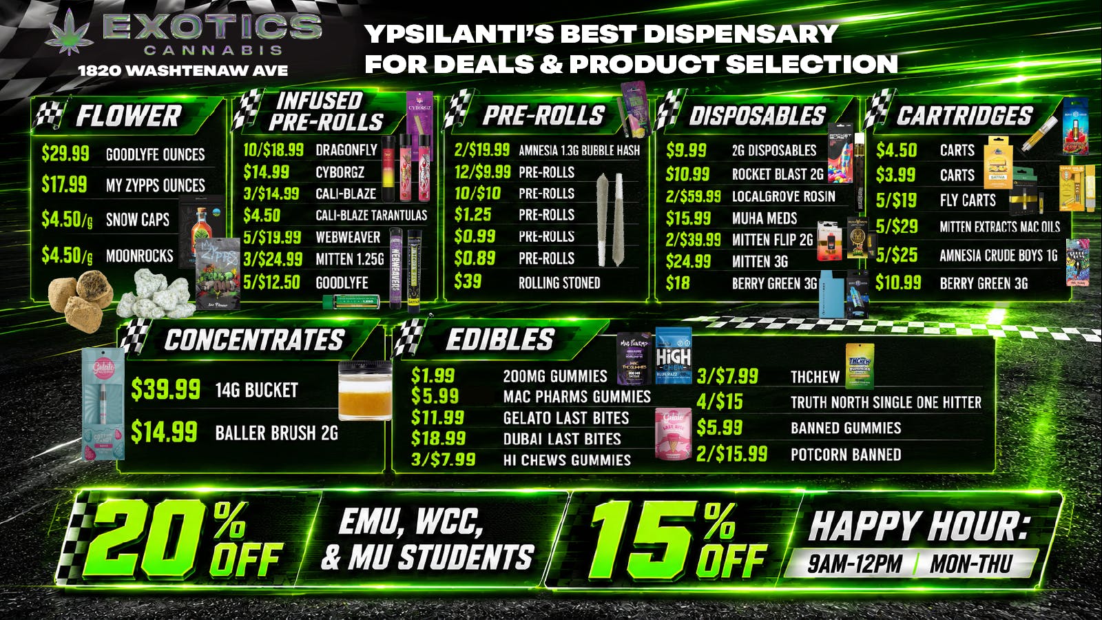 Exotics Cannabis - Ypsilanti 🔥 $0.89 PRE-ROLLS 🔥 $4.50 CARTS 🔥 5/$25 1G