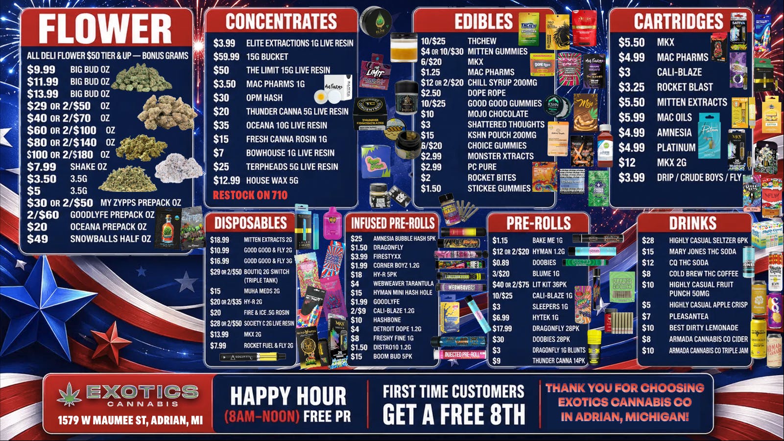 Exotics Cannabis - Adrian - NOW OPEN! 4th of July SALES! Lowest prices in Michigan💸🤑