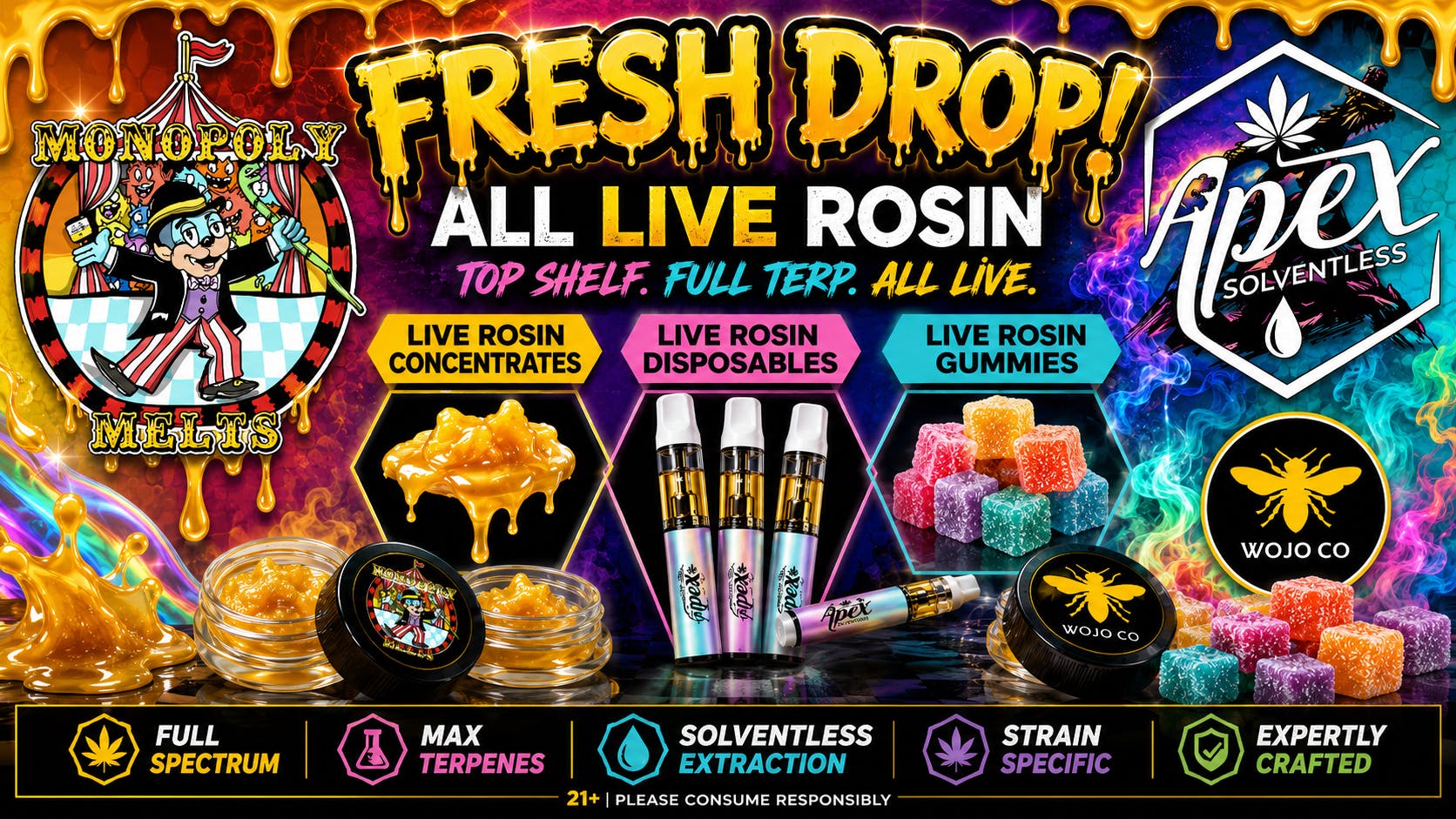 Exotics Cannabis - Adrian - NOW OPEN! FRESH DROP! APEX SOLVENTLESS, MONOPOLY MELTS, WOJO
