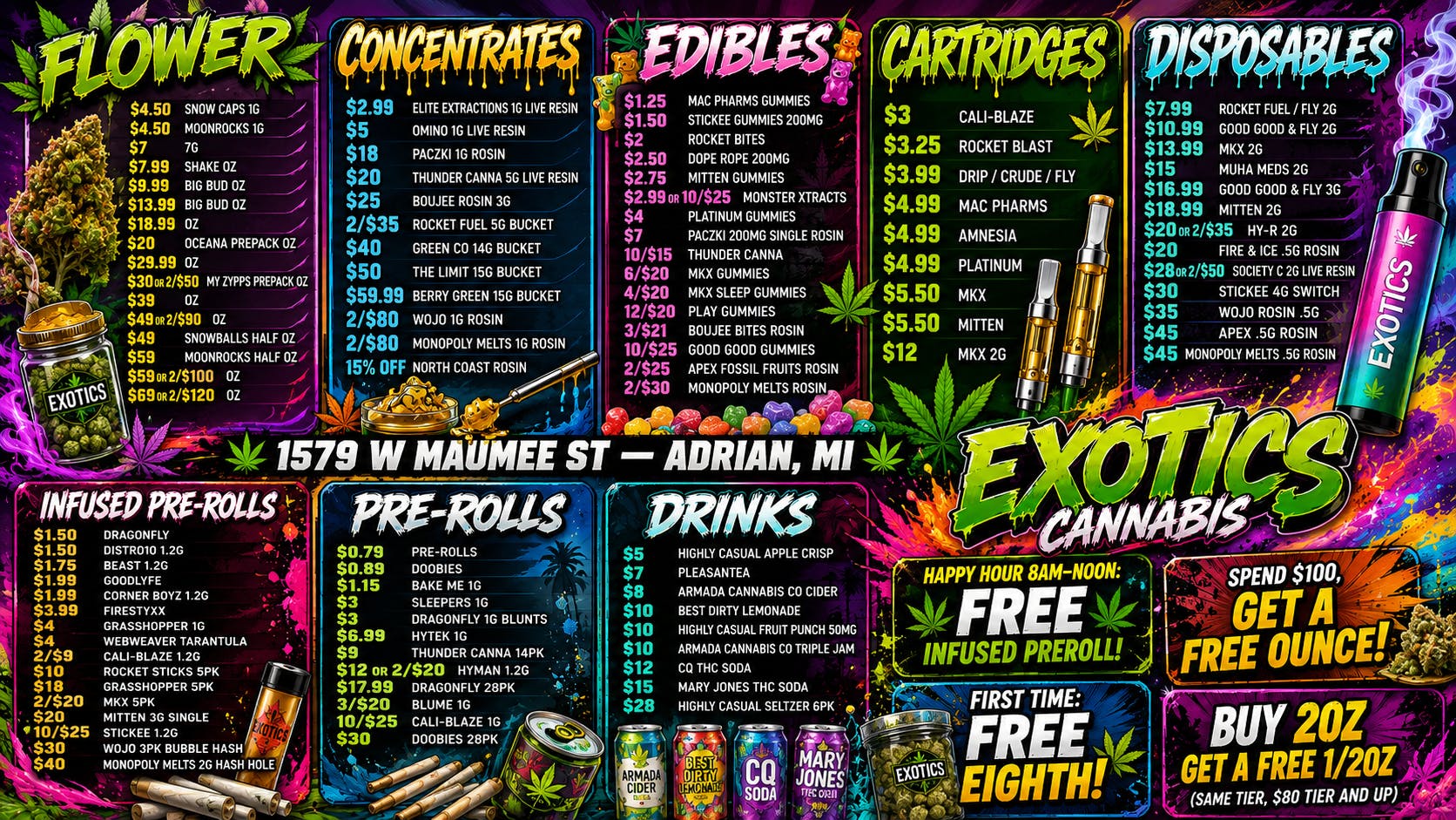 Exotics Cannabis - Adrian - NOW OPEN! Best Deals in Michigan! Spend $100 Get a FREE OZ!