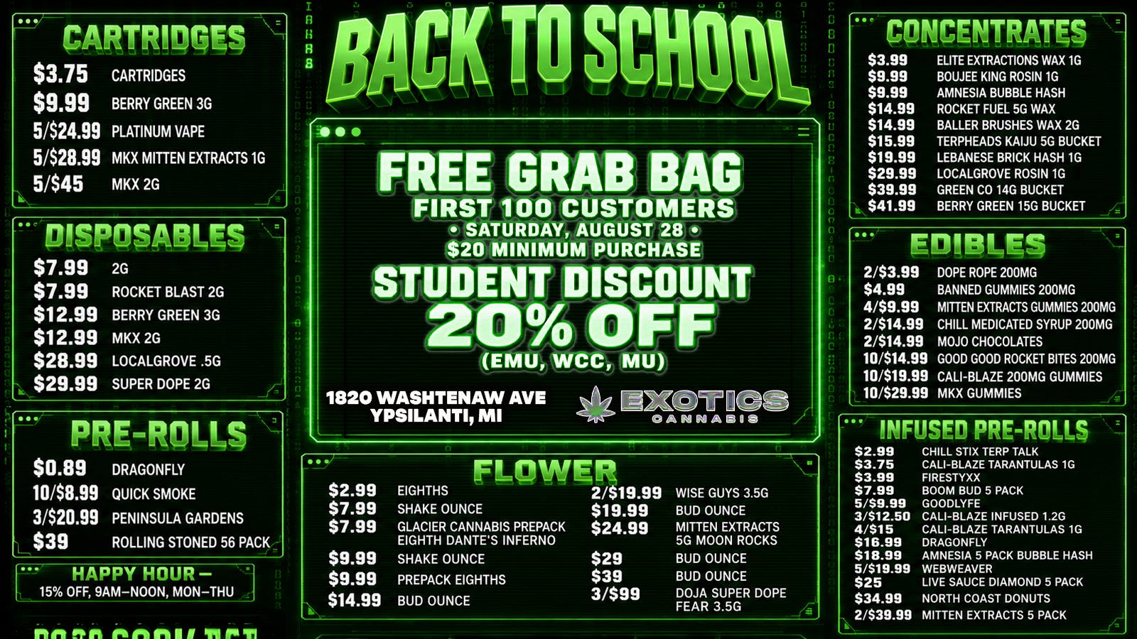 Exotics Cannabis - Ypsilanti 🎒 BACK TO COLLEGE SALE — $0.89 PRE-ROLLS 🔥