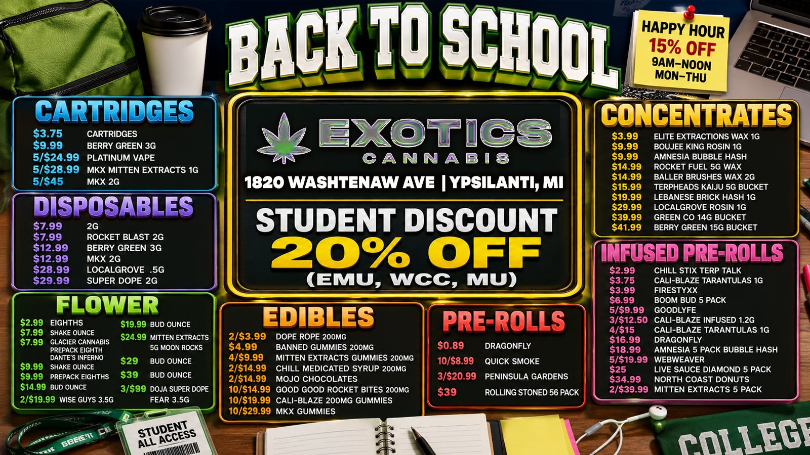 Exotics Cannabis - Ypsilanti 🎒 BACK TO COLLEGE SALE — $0.89 PRE-ROLLS 🔥