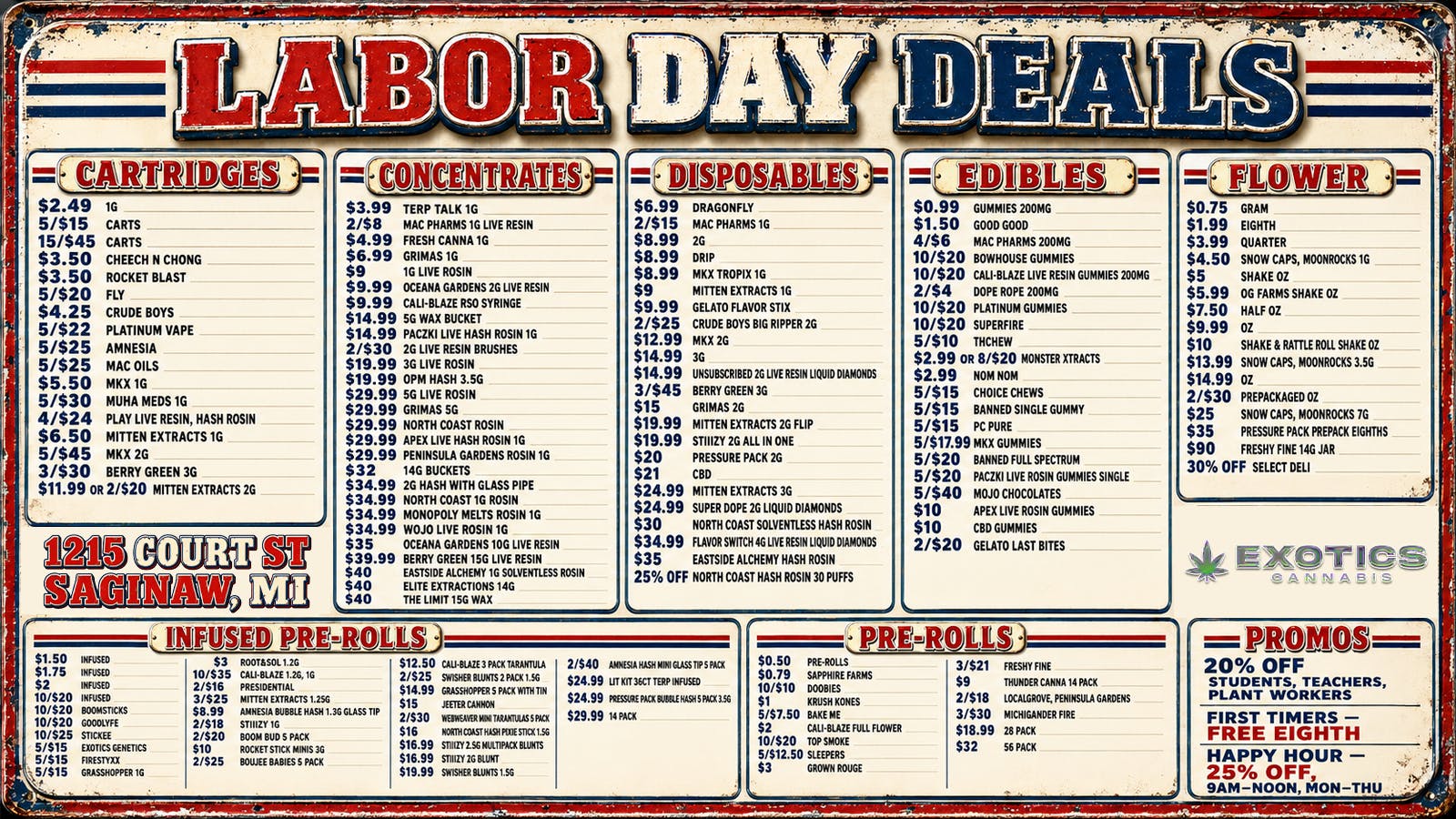 Exotics Cannabis - Saginaw LABOR DAY DEALS IN SAGINAW!