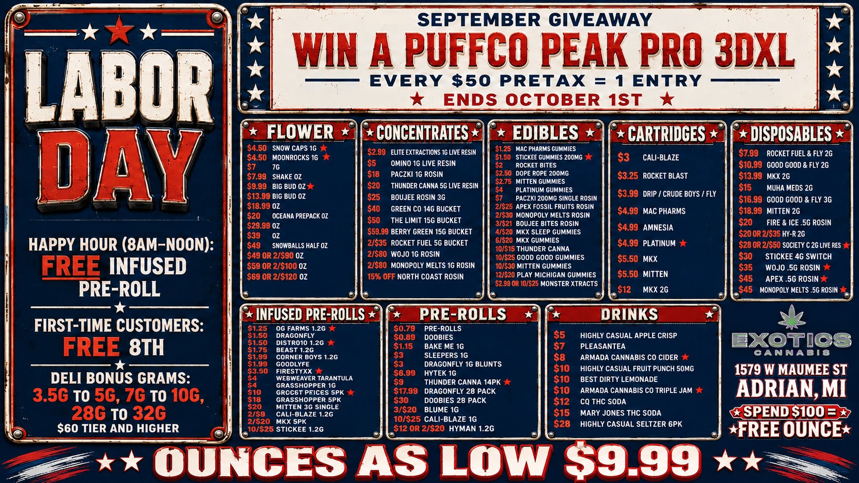 Exotics Cannabis - Adrian - NOW OPEN! LABOR DAY WEEKEND DEALS! PUFFCO GIVEAWAY!