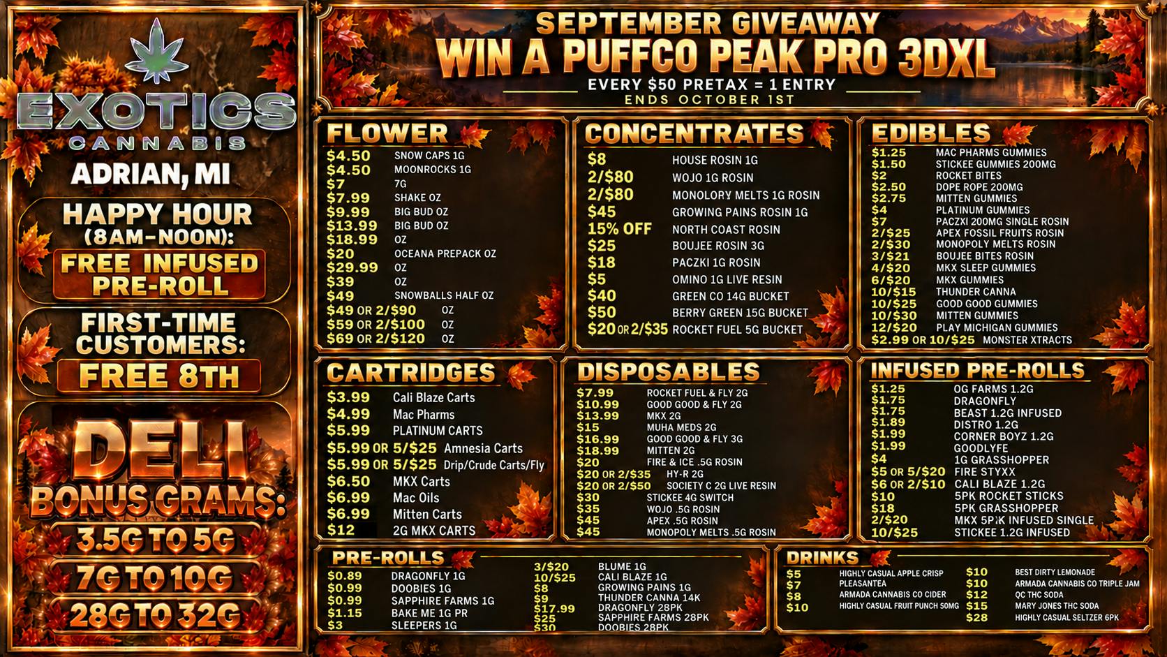 Exotics Cannabis - Adrian - NOW OPEN! PUFFCO GIVEAWAY! OUNCES AS LOW AS $9.99🙌🤑