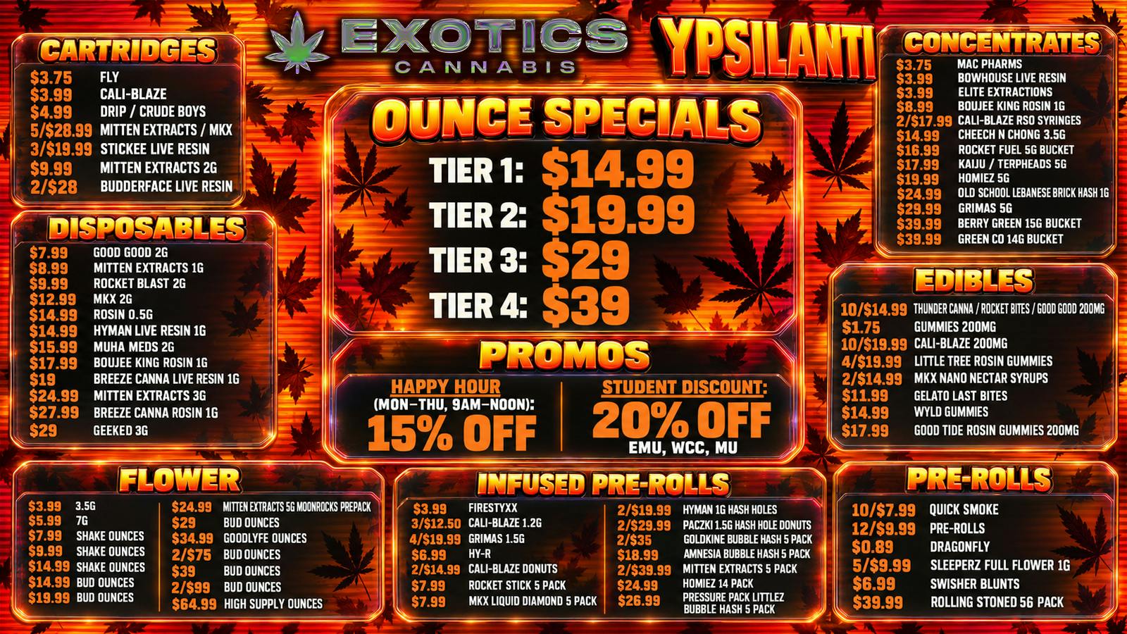 Exotics Cannabis - Ypsilanti 🍂 FALL OZ DROP $14.99 🍂 $0.89 PRE-ROLLS 🍂