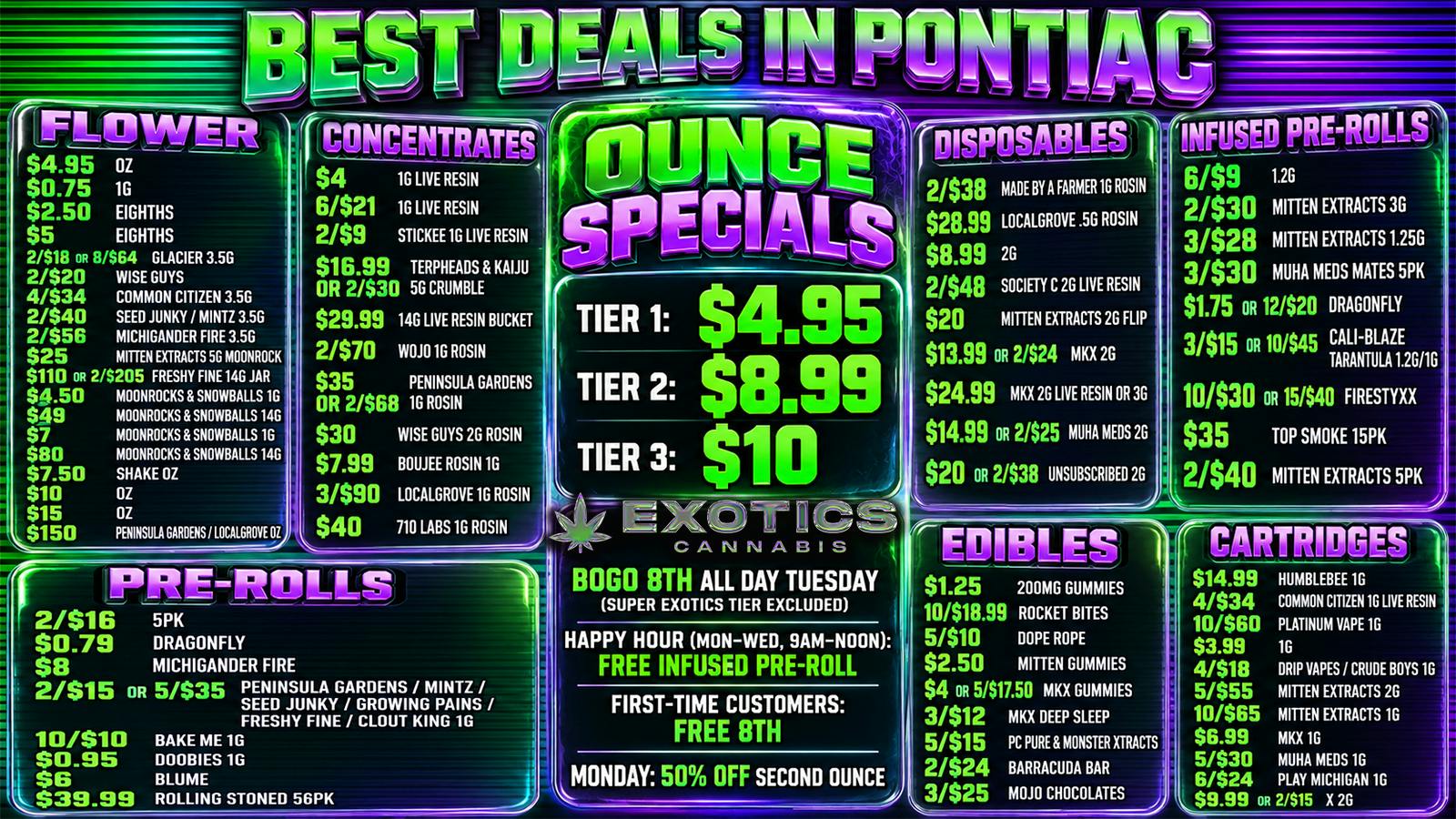 Exotics Cannabis - Pontiac NOW OPENED!! $4.95 BIG BUD OZ 🟣 $150 Peninsula Garden OZ!!!