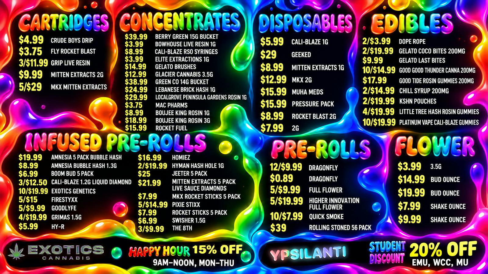 Exotics Cannabis - Ypsilanti 🫧 $0.89 PRE-ROLLS 🫧 $3.99 3.5G 🫧 $3.75 CARTS