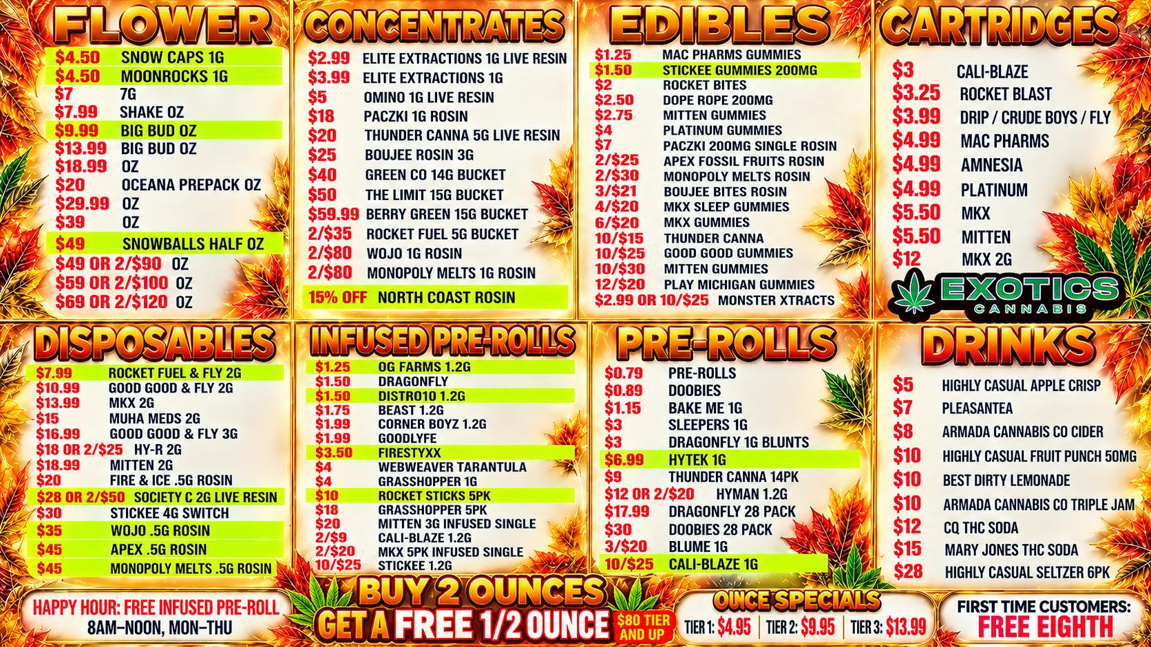 Exotics Cannabis - Adrian - NOW OPEN! 🍁 Buy 2oz get free 1/2oz 🍁 $4.95 🍁 $9.95