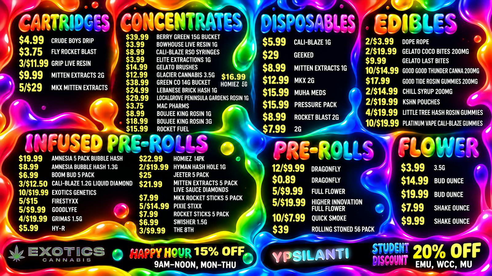 Exotics Cannabis - Ypsilanti 🫧 $0.89 PRE-ROLLS 🫧 $3.99 3.5G 🫧 $3.75 CARTS