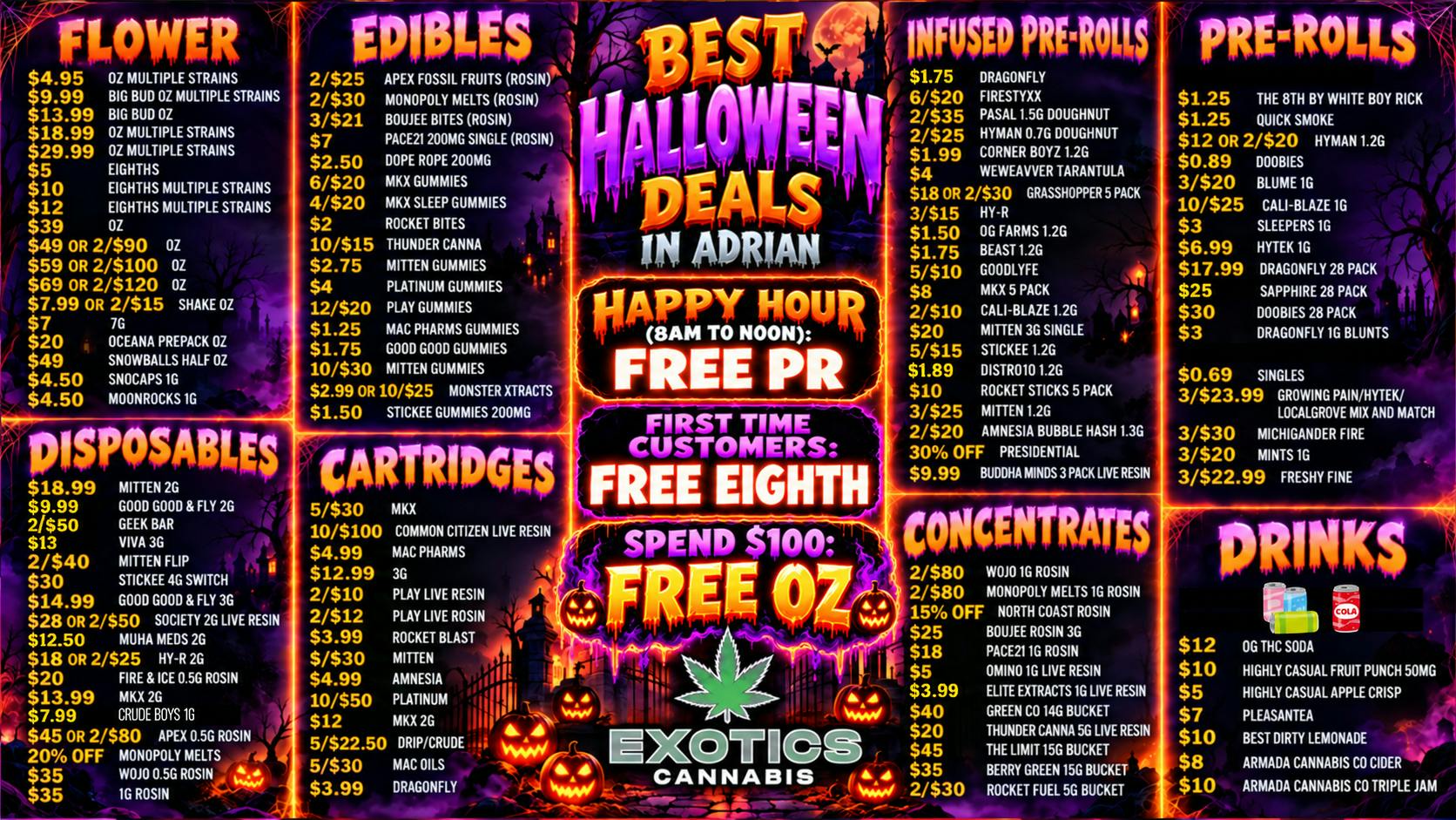 Exotics Cannabis - Adrian - NOW OPEN! 🟢 BEST OZ IN ADRIAN $4.95 🟢 $9.95 🟢 $13.99