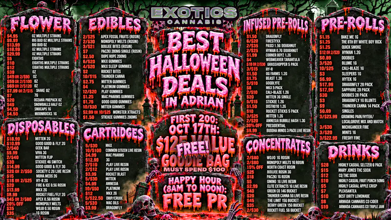 Exotics Cannabis - Adrian - NOW OPEN! BETS DEALS IN MICHIGAN! $4.95 OZ