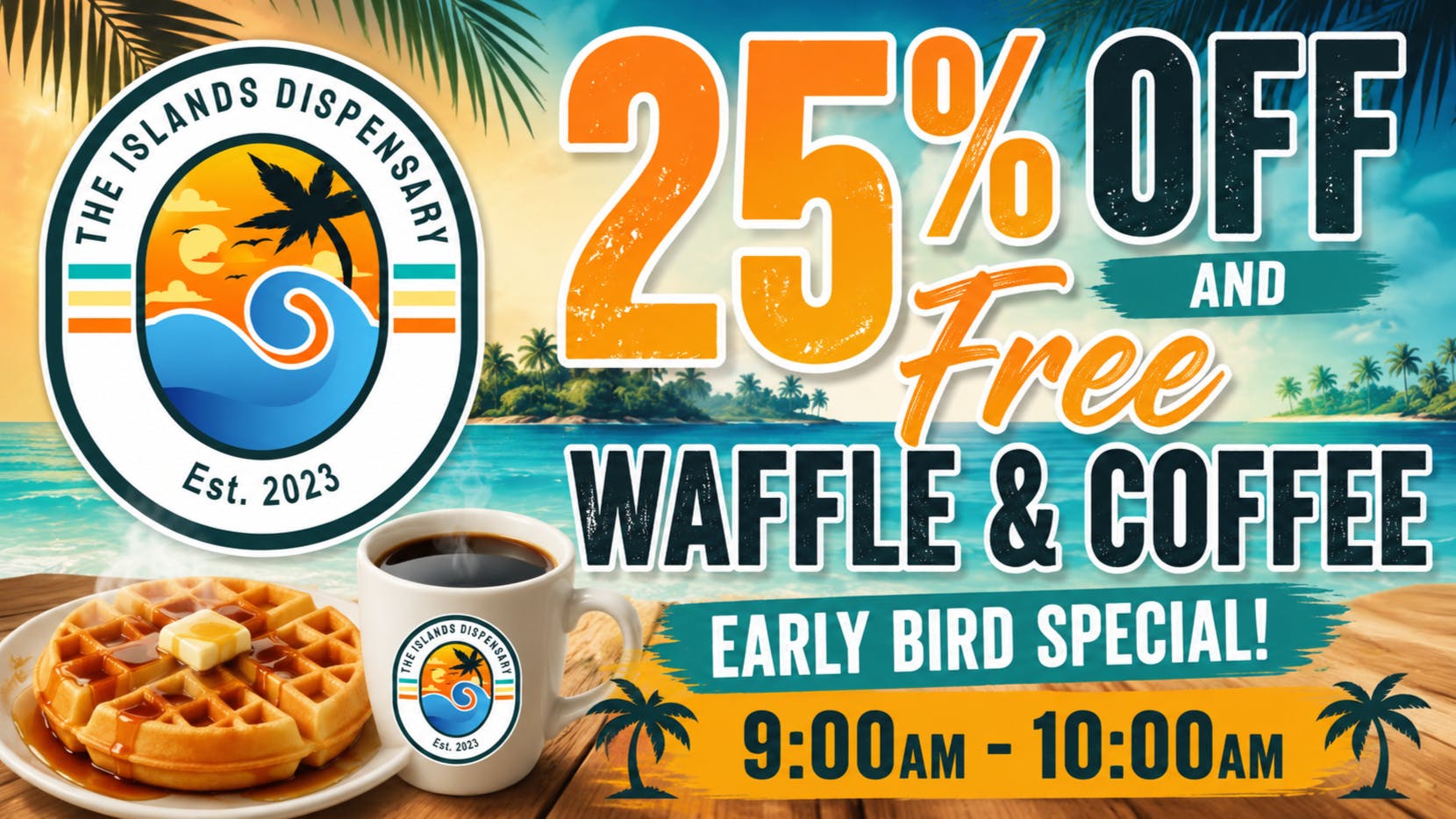 The Islands Dispensary Early Bird Special 25%off and FREE Breakfast
