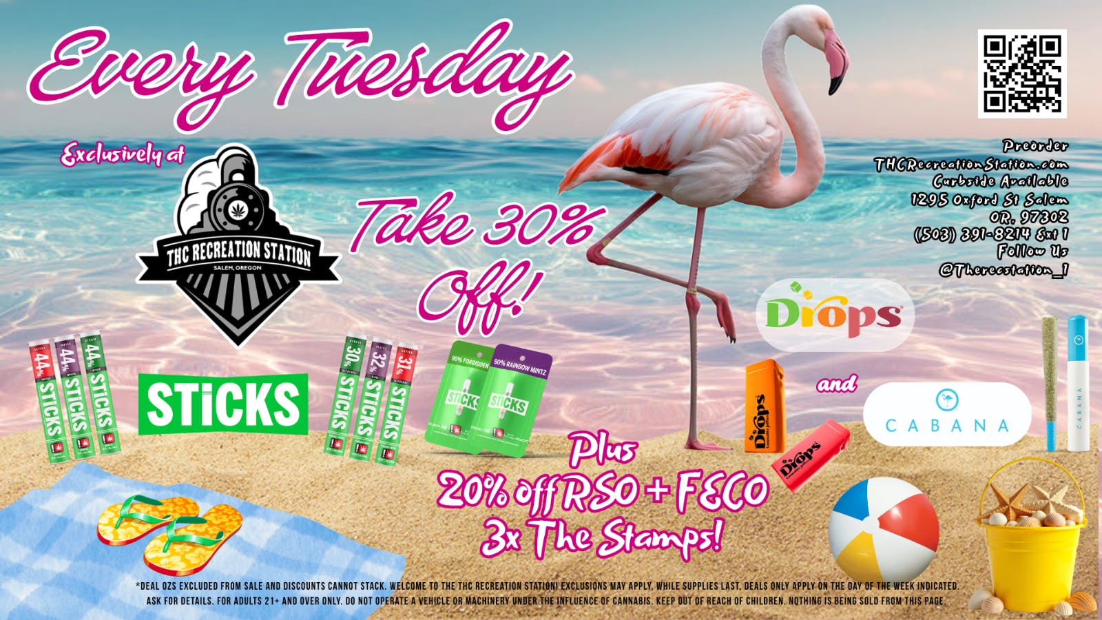 THC Recreation Station Salem Every Tuesday 30% off Cabana, Drops, and Sticks!