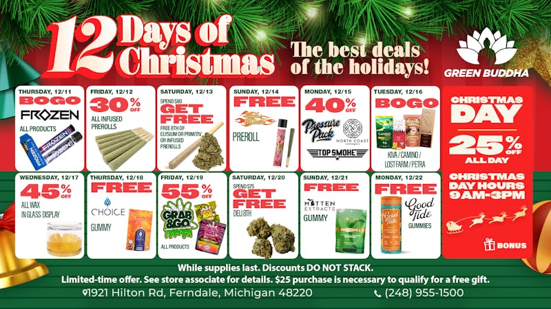 Green Buddha Cannabis Co- Recreational Green Buddha’s 12 Days of Holiday Deals Unwrapped