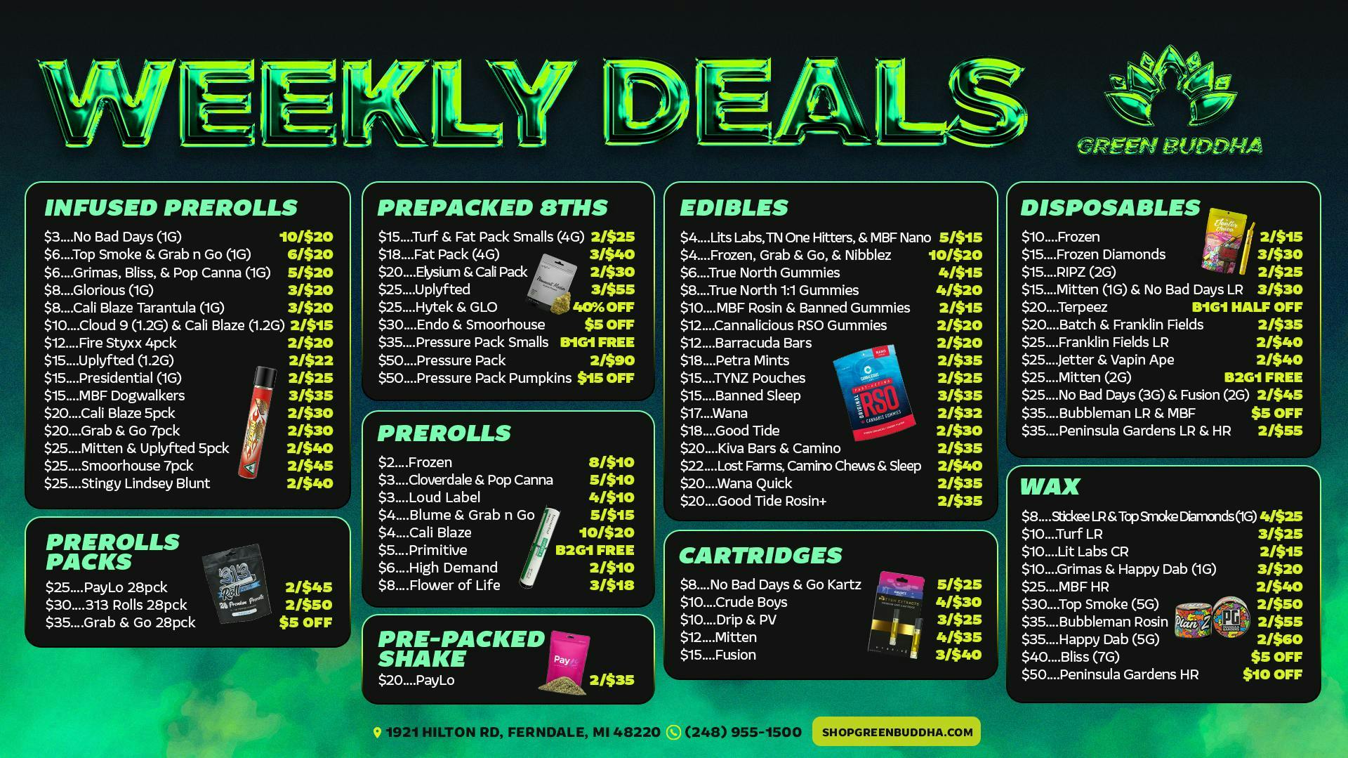 Green Buddha Cannabis Co- Recreational 🔥 Weekly Green Buddha Deals Are STACKED