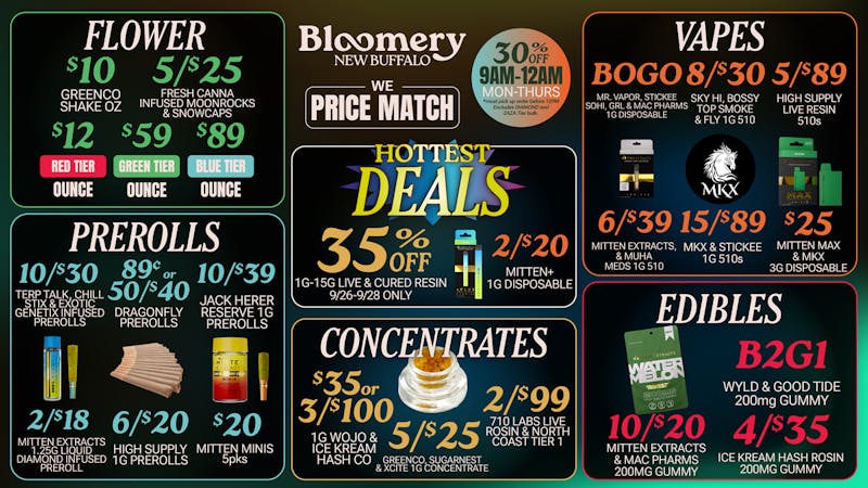 Bloomery Cannabis New Buffalo - 21+ Recreational $12 OZ | 8/$30 1G 510s | B2G1 200mg Gummies