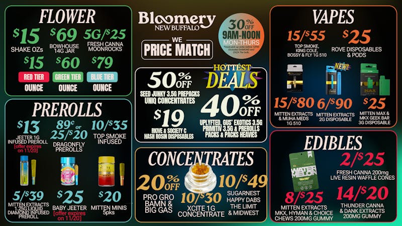 Bloomery Cannabis New Buffalo - 21+ Recreational 50% OFF Seed Junky 3.5G Prepack & Uniq Concentrate