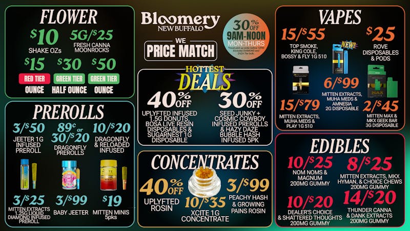 Bloomery Cannabis New Buffalo - 21+ Recreational 40% OFF Uplyfted Rosin & Infused Donuts | $15 OZs