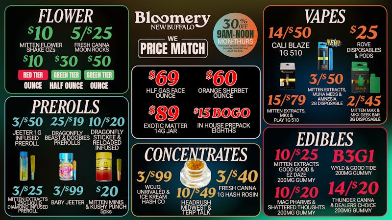 Bloomery Cannabis New Buffalo - 21+ Recreational $10 Shake Ounces (Mitten Flower) 5G/$25 Moonrocks