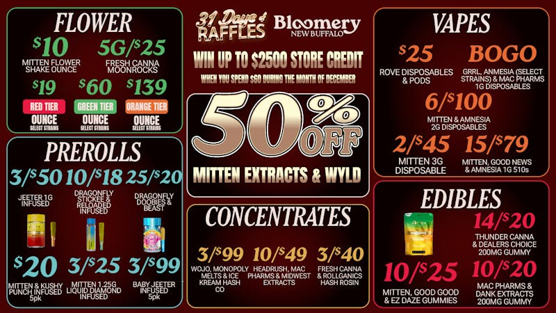Bloomery Cannabis New Buffalo - 21+ Recreational 50% OFF Mitten Extracts & Wyld