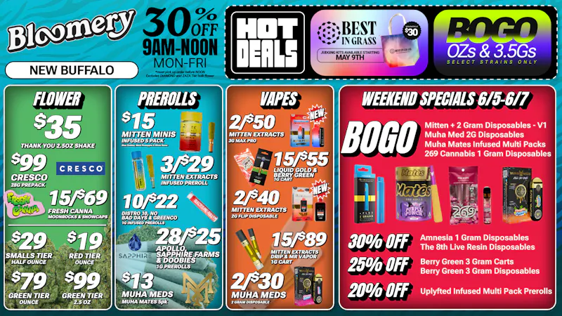 Bloomery Cannabis New Buffalo - 21+ Recreational 30% OFF Amnesia & The 8th 1G Disposables