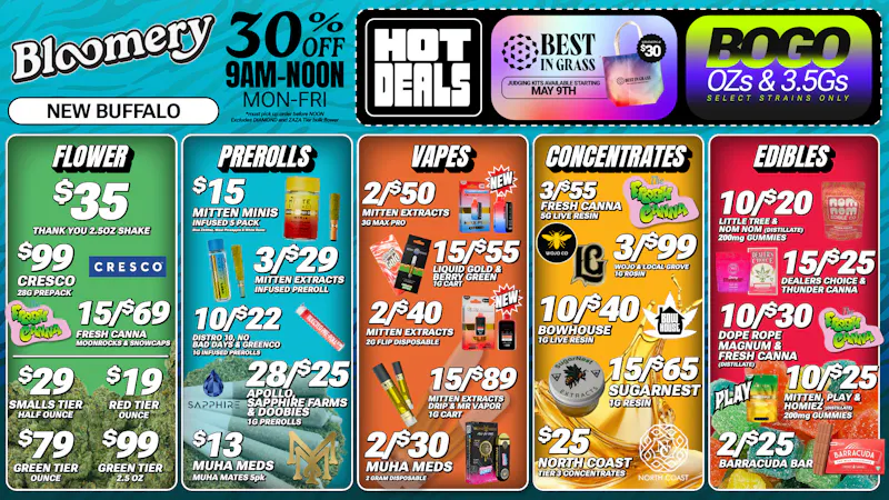 Bloomery Cannabis New Buffalo - 21+ Recreational BOGO 3.5s & OZs* | 2/$50 Mitten Max Pro 3G