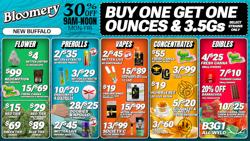 Bloomery Cannabis New Buffalo - 21+ Recreational 15/$89 1G Carts | $29 Bulk Flower Max Out