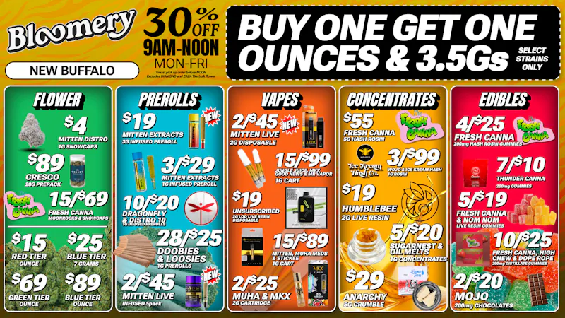 Bloomery Cannabis New Buffalo - 21+ Recreational 10/$25 Gummies | 15/$89 Carts | 28/$25 Prerolls
