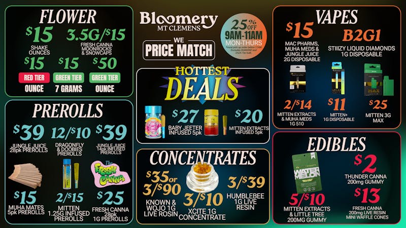 Bloomery Cannabis Mt Clemens - 21+ Recreational $15 OZs | $25 Fresh Canna 28pack Prerolls