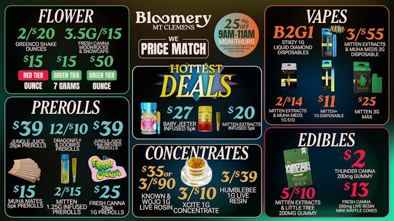 Bloomery Cannabis Mt Clemens - 21+ Recreational 2/$20 Shake OZ | 3/$55 NEW Mitten 2G Disposable