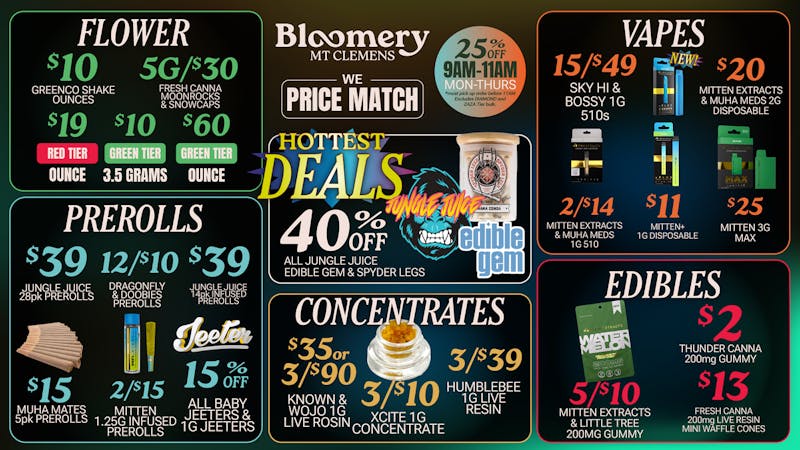 Bloomery Cannabis Mt Clemens - 21+ Recreational 40% OFF all Jungle Juice, Spyder Legs & Edible Gem