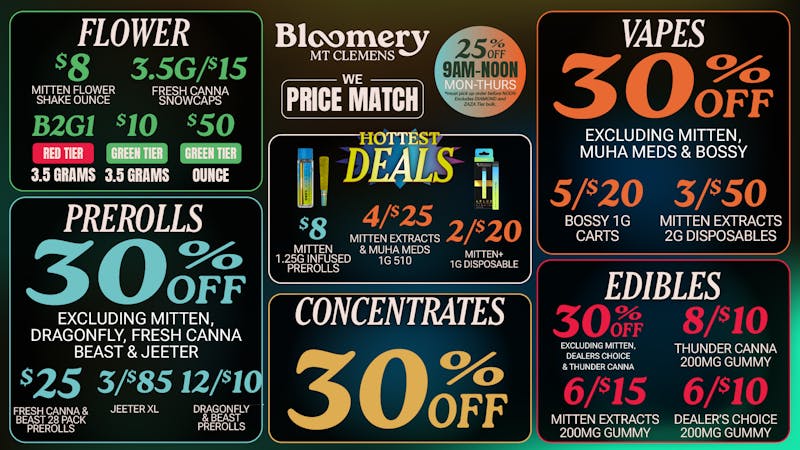 Bloomery Cannabis Mt Clemens - 21+ Recreational 30% OFF select Vapes, Prerolls, Edibles & Wax