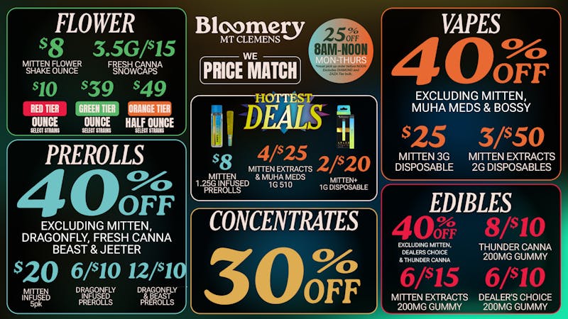 Bloomery Cannabis Mt Clemens - 21+ Recreational 40% OFF select Vapes, Prerolls & Edibles