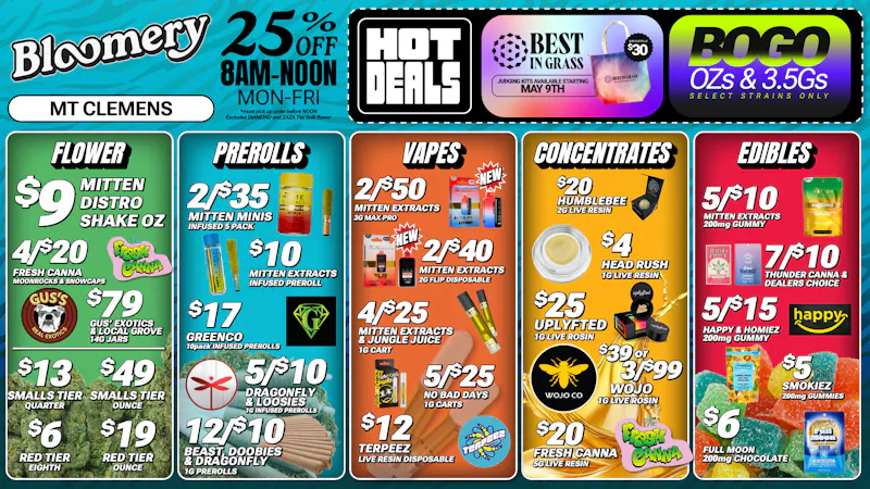 Bloomery Cannabis Mt Clemens - 21+ Recreational $13 Quarter Ounce (Smalls) | $79 Gus' 14G Jar