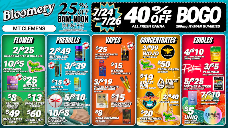 Bloomery Cannabis Mt Clemens - 21+ Recreational $8 2G Carts | $8 Shake OZ | $13 Quarter OZ Smalls
