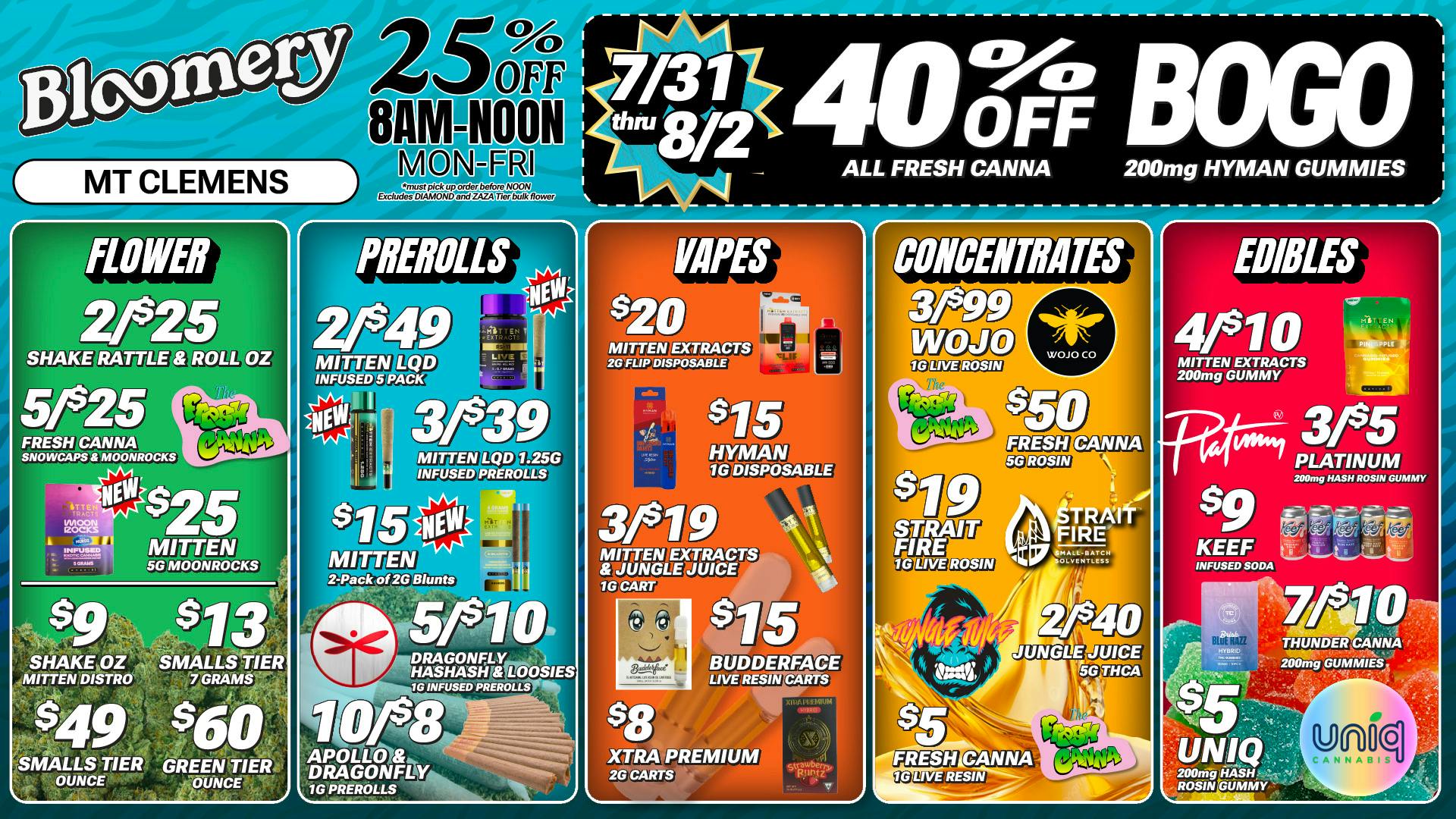 Bloomery Cannabis Mt Clemens - 21+ Recreational $8 2G Carts | 2/$25 Shake OZs | 10/$8 1G Prerolls