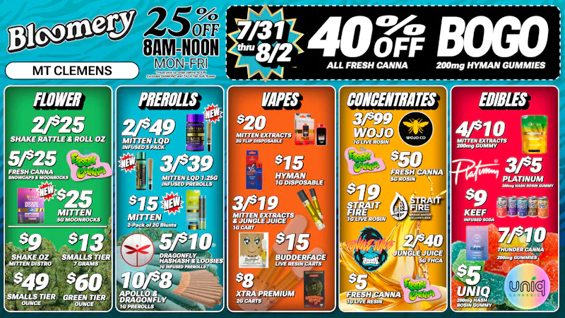 Bloomery Cannabis Mt Clemens - 21+ Recreational $8 2G Carts | 2/$25 Shake OZs | 10/$8 1G Prerolls