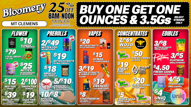 Bloomery Cannabis Mt Clemens - 21+ Recreational $18 28-pack Prerolls | $39 Smalls Ounces