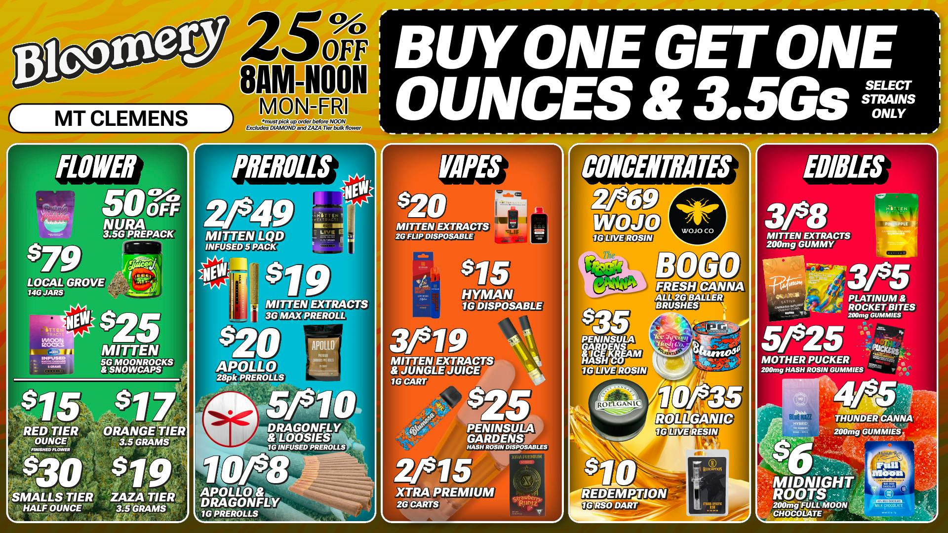 Bloomery Cannabis Mt Clemens - 21+ Recreational 2/$15 2G Carts | 10/$8 Prerolls | $15 Red Tier OZ
