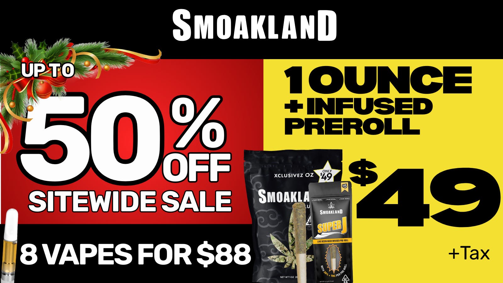 Smokeland Weed Delivery - Oakland 50% OFF 🎄 8 Vapes for $88 🔥 $49 OZ & more