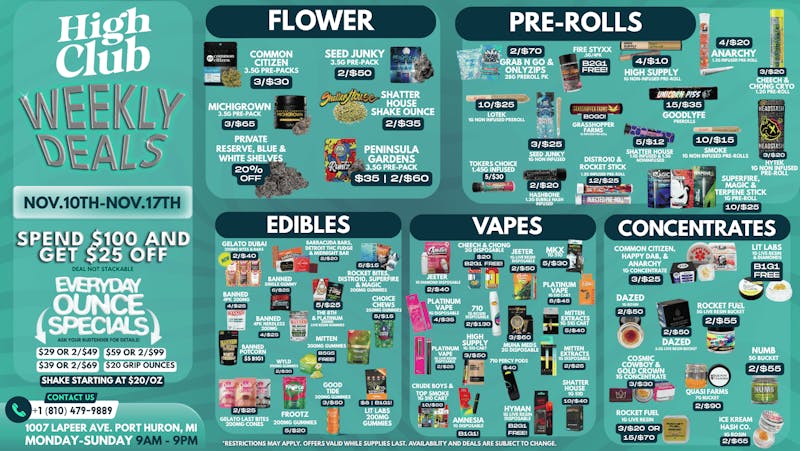 High Club Port Huron Spend $100 and Get $25 OFF!!!