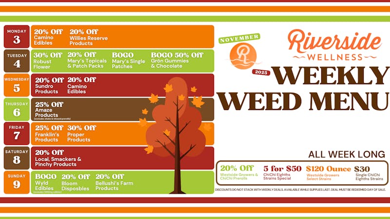 Riverside Wellness Weekly Weed Menu 11/3-11/9