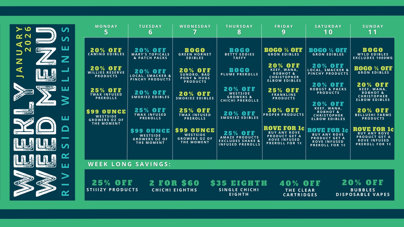 Riverside Wellness 2026 Weekly Weed Menu