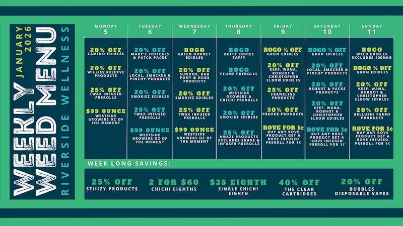 Riverside Wellness 2026 Weekly Weed Menu