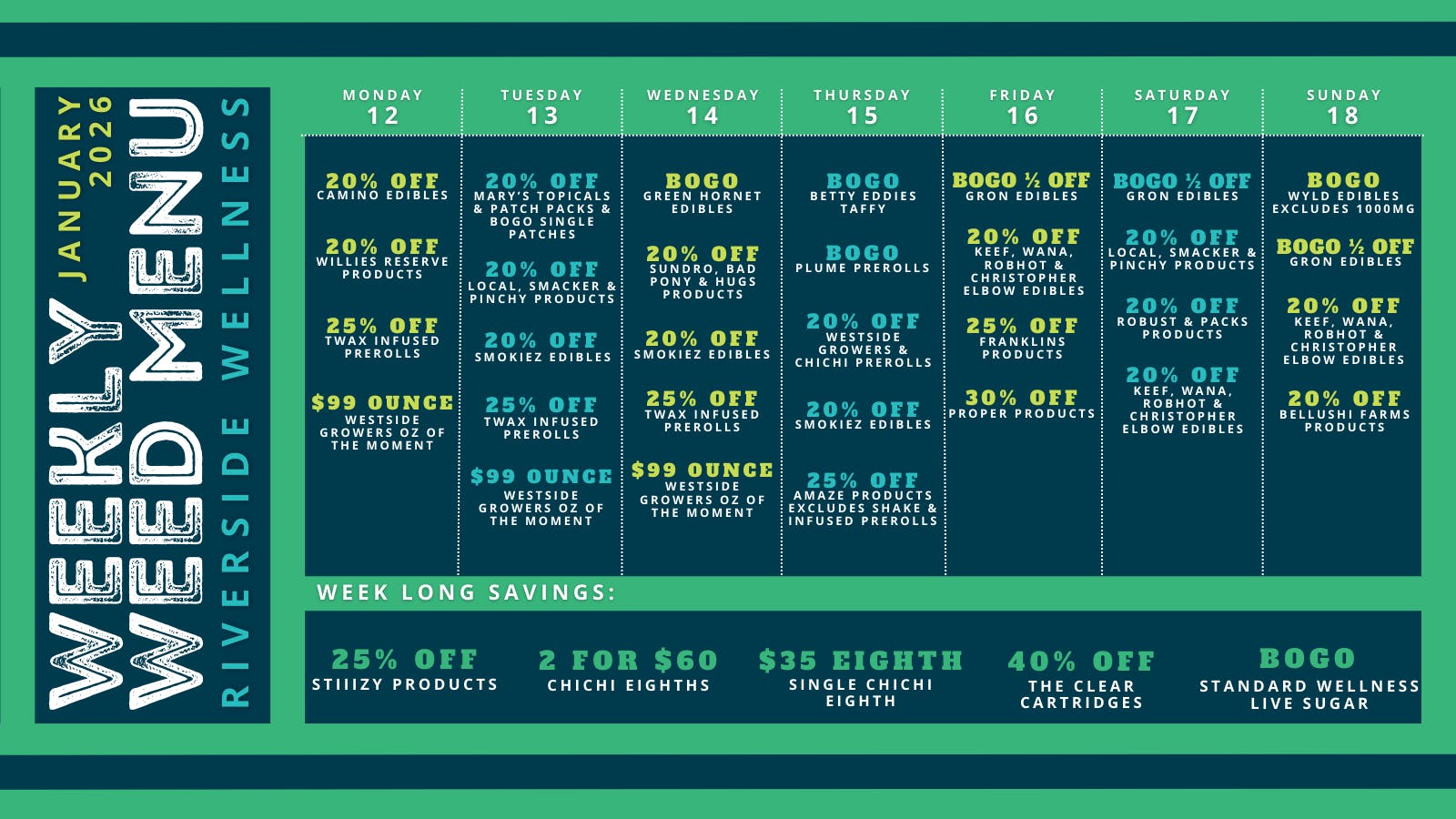 Riverside Wellness 2026 WEEKLY WEED MENU 1/12-1/18