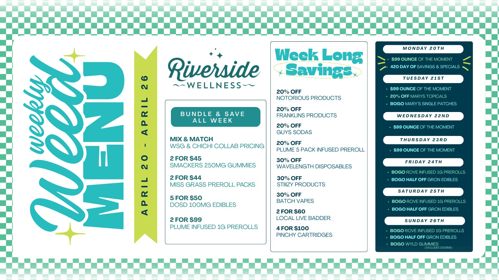 Riverside Wellness Weekly Weed Menu 4/20-4/26